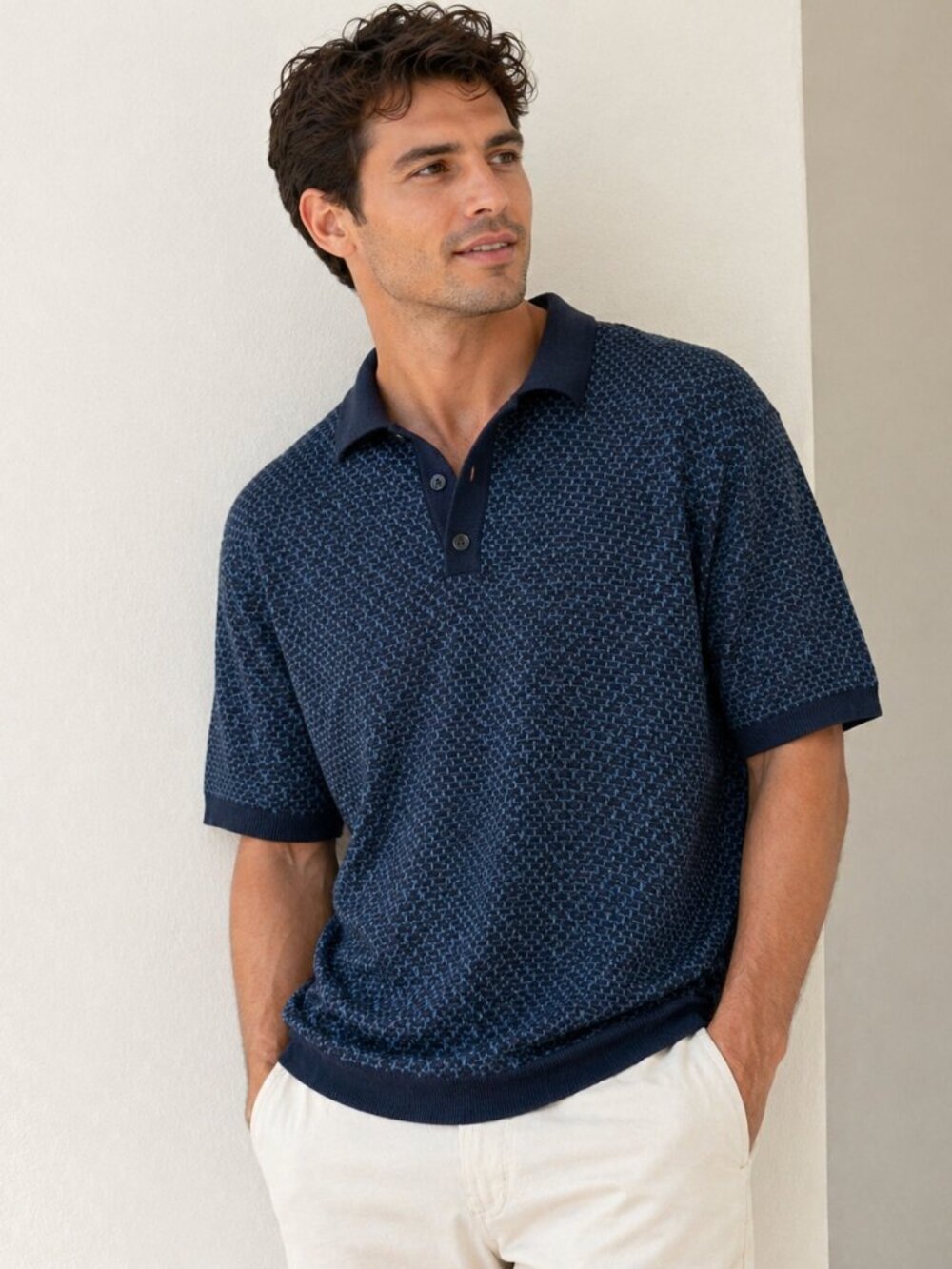 Saks Fifth Avenue Textured Knit Polo Shirt Blue Navy Short Sleeve Made In Italy